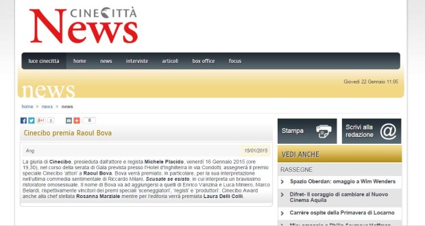 Cinecitta’ news: Cinecibo premia Raoul Bova