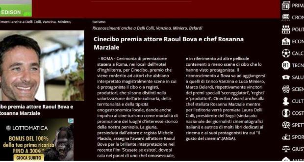 Notiziario Italiano: Cinecibo premia attore Raoul Bova e chef Rosanna Marziale